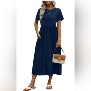 Elegant Navy Blue Maxi Dress With Pockets Size L